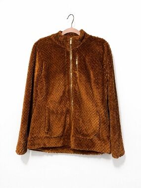 Calvin Klein Plush Zip-Front Teddy Jacket in Chestnut Brown